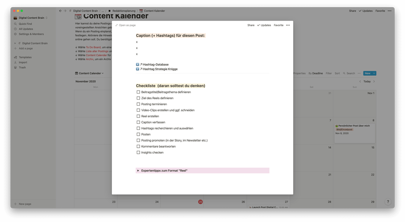 Digital Content Brain Bildschirmfoto Checkliste für Beitragstyp